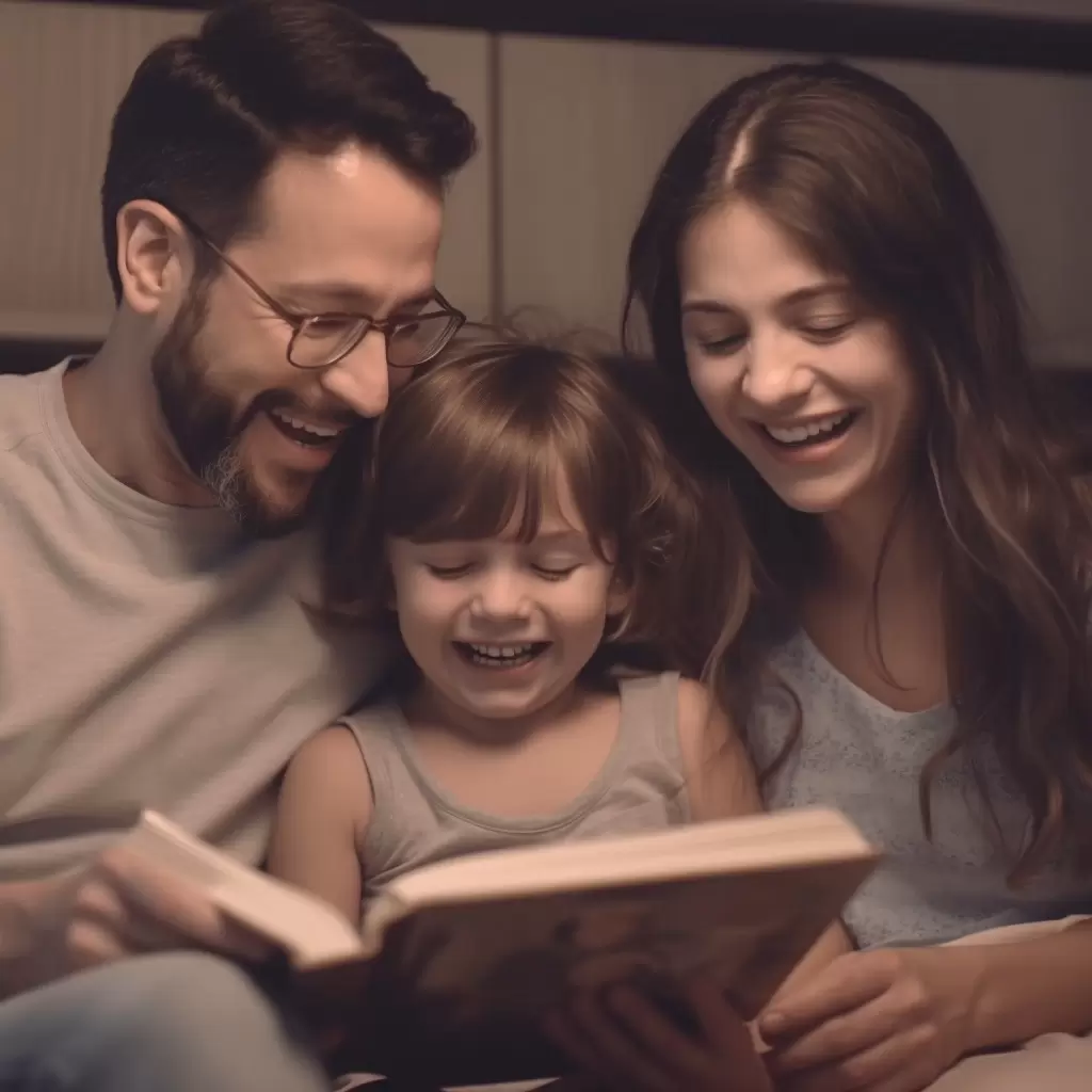 Pai, mãe e filha lendo a bíblia
