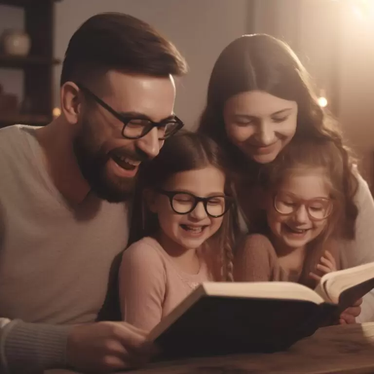 Pai, mãe e gêmeas lendo a bíblia