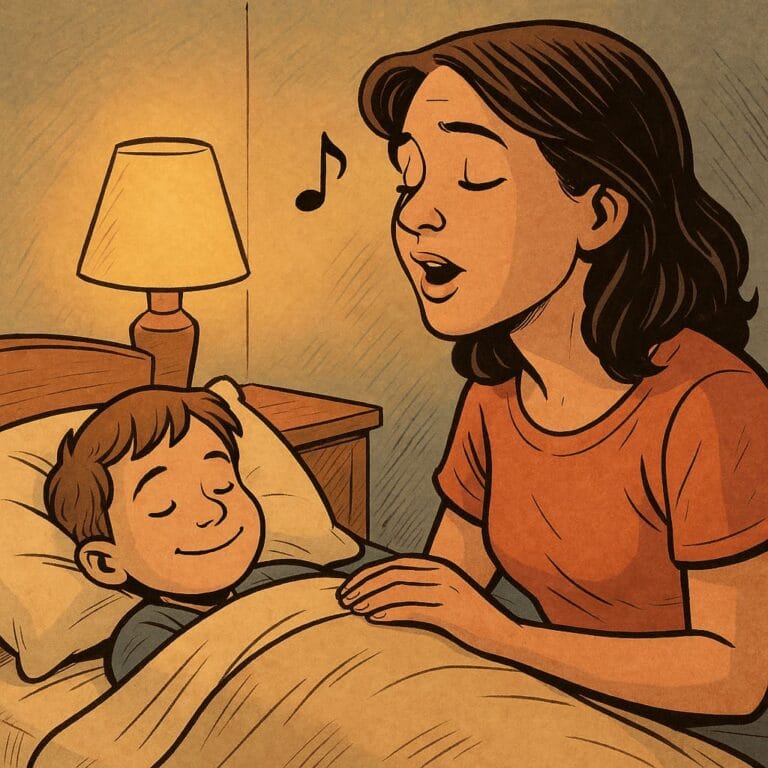 Desenho de mãe cantando música para filho deitado na cama