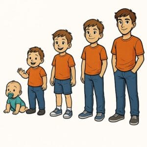Desenho de menino se desenvolvendo desde bebê até fase adulta