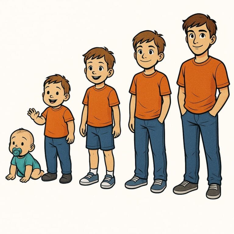 Desenho de menino se desenvolvendo desde bebê até fase adulta