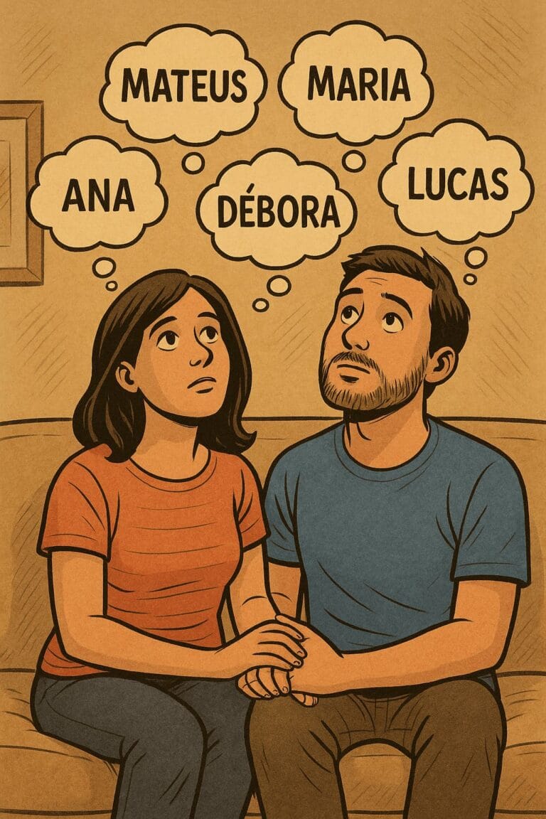 Desenho de homem e mulher pensando em nomes