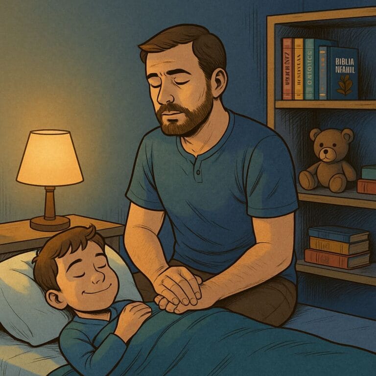 desenho de pai orando com o filho na cama antes de dormir