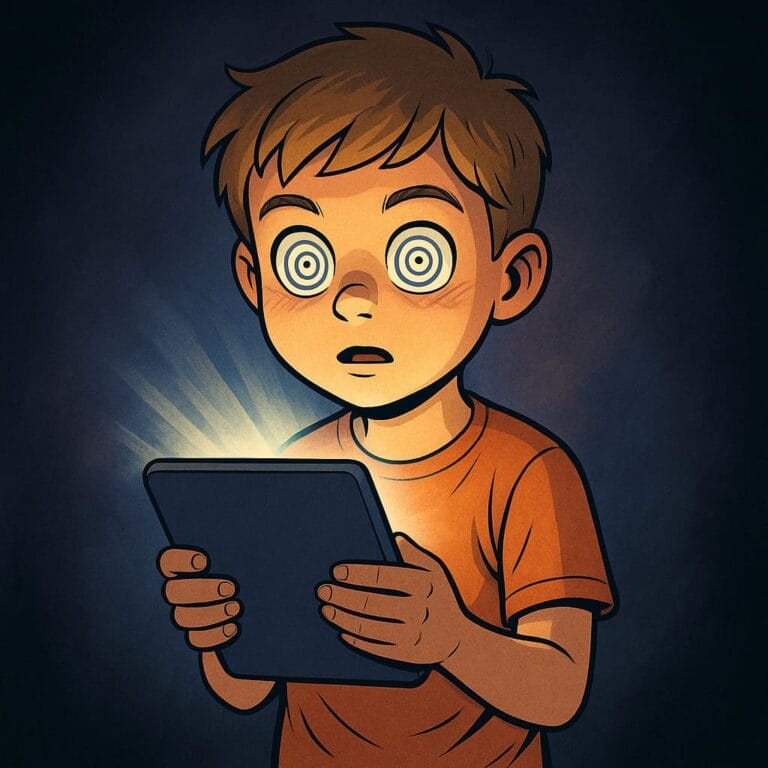 desenho de menino segurando um tablet com olhos hipnotizados